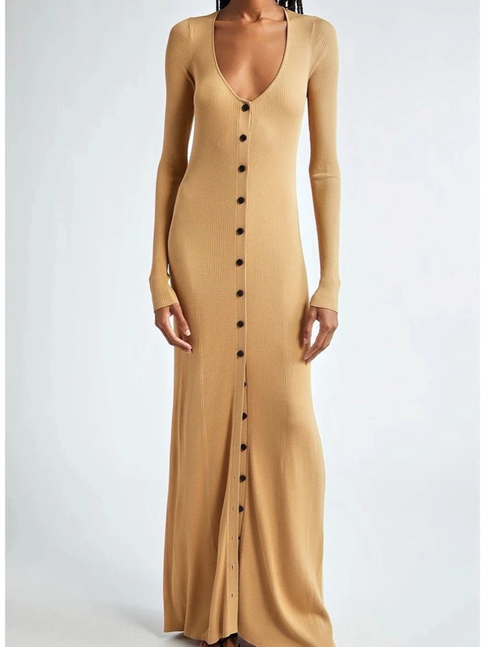 Proenza Shoulder Ribbed Button-Front Maxi Dress. Ribbed Button-Front Brown Maxi - Picture 2 of 6